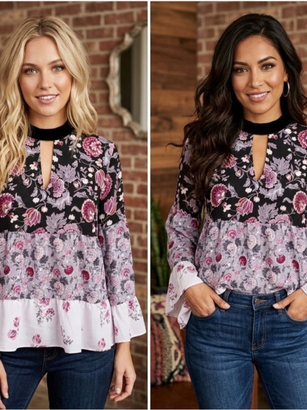 LOFT Floral Mock Neck Keyhole Tiered Blouse Small